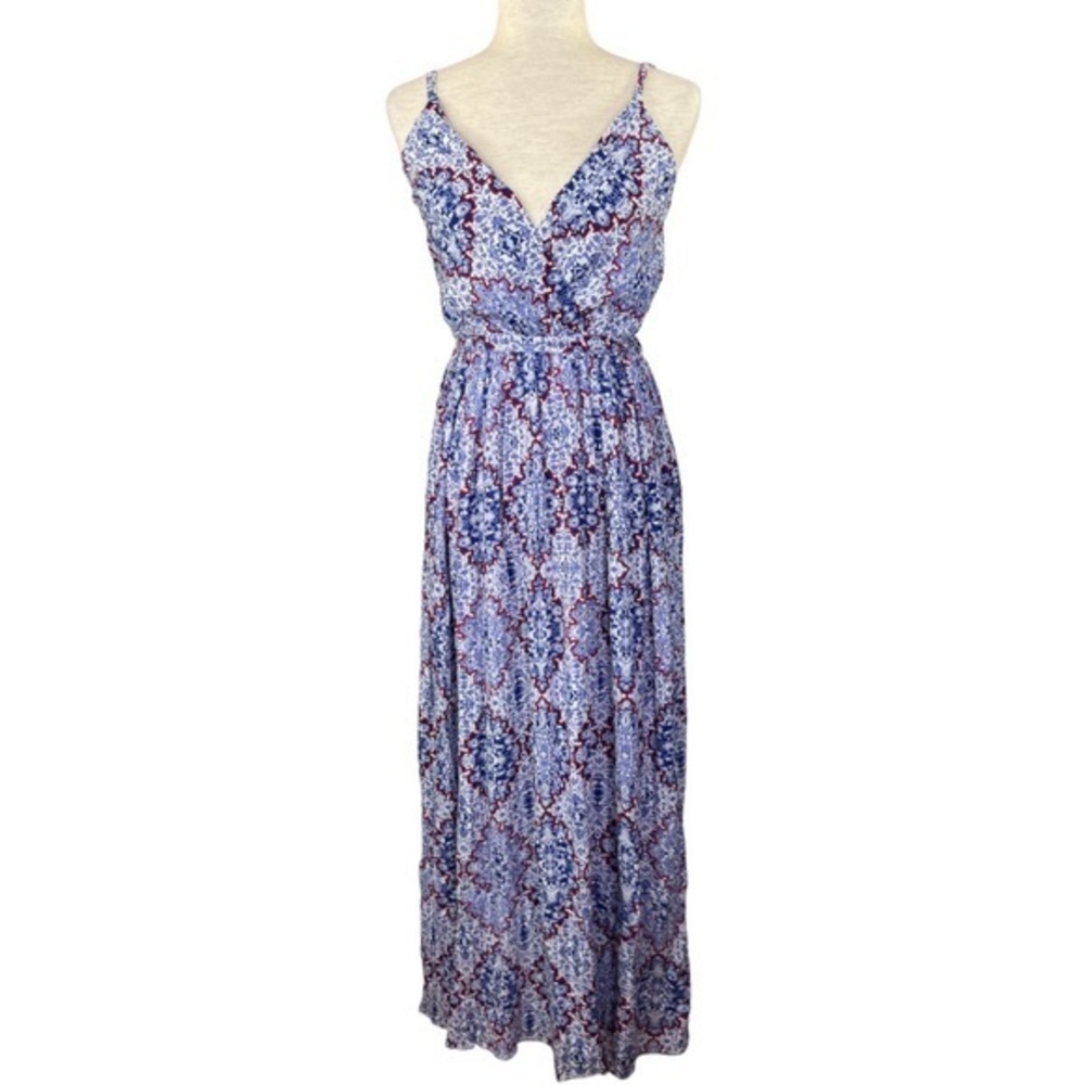 SIM & SAM WOMAN’S FLORAL RED BLUE V NECK SPAGHETTI STRAP MAXI DRESS SZ M